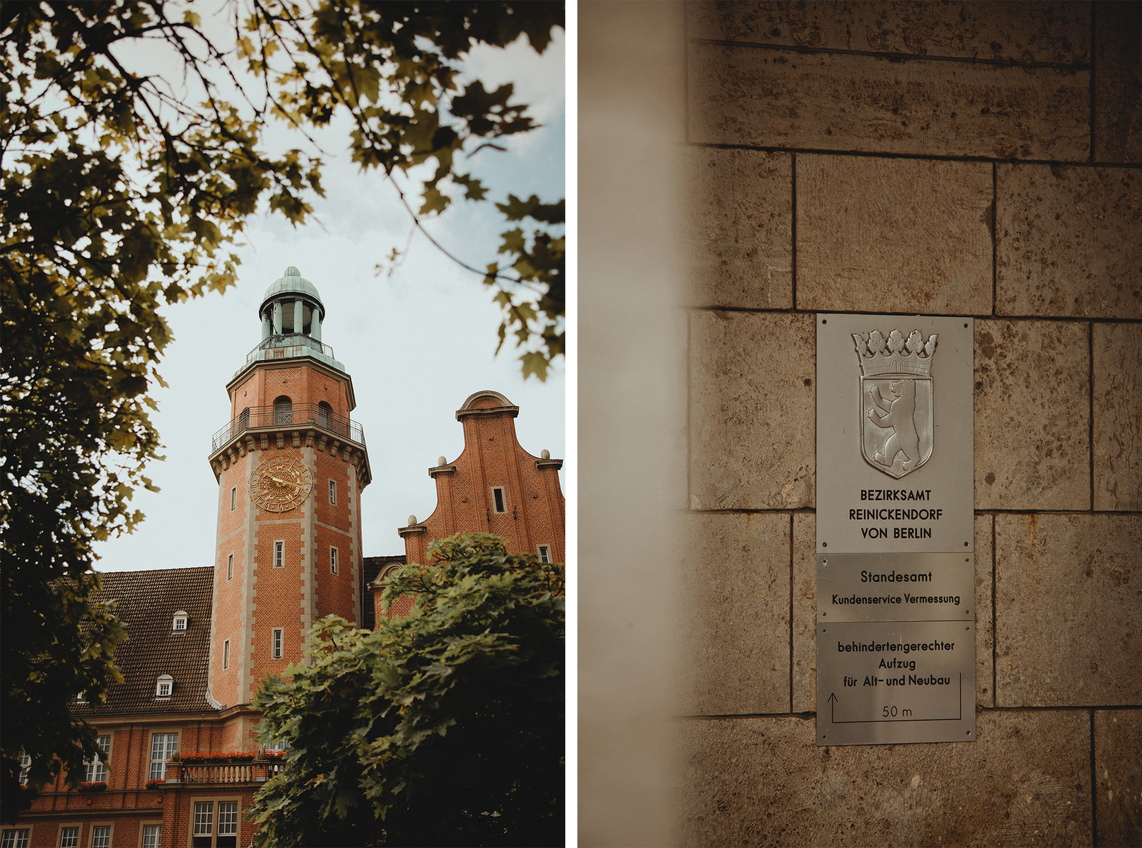 Der Uhrenturm vom Standesamt Reinickendorf in Berlin und eine Detailaufnahme des Schilds am Eingang.
