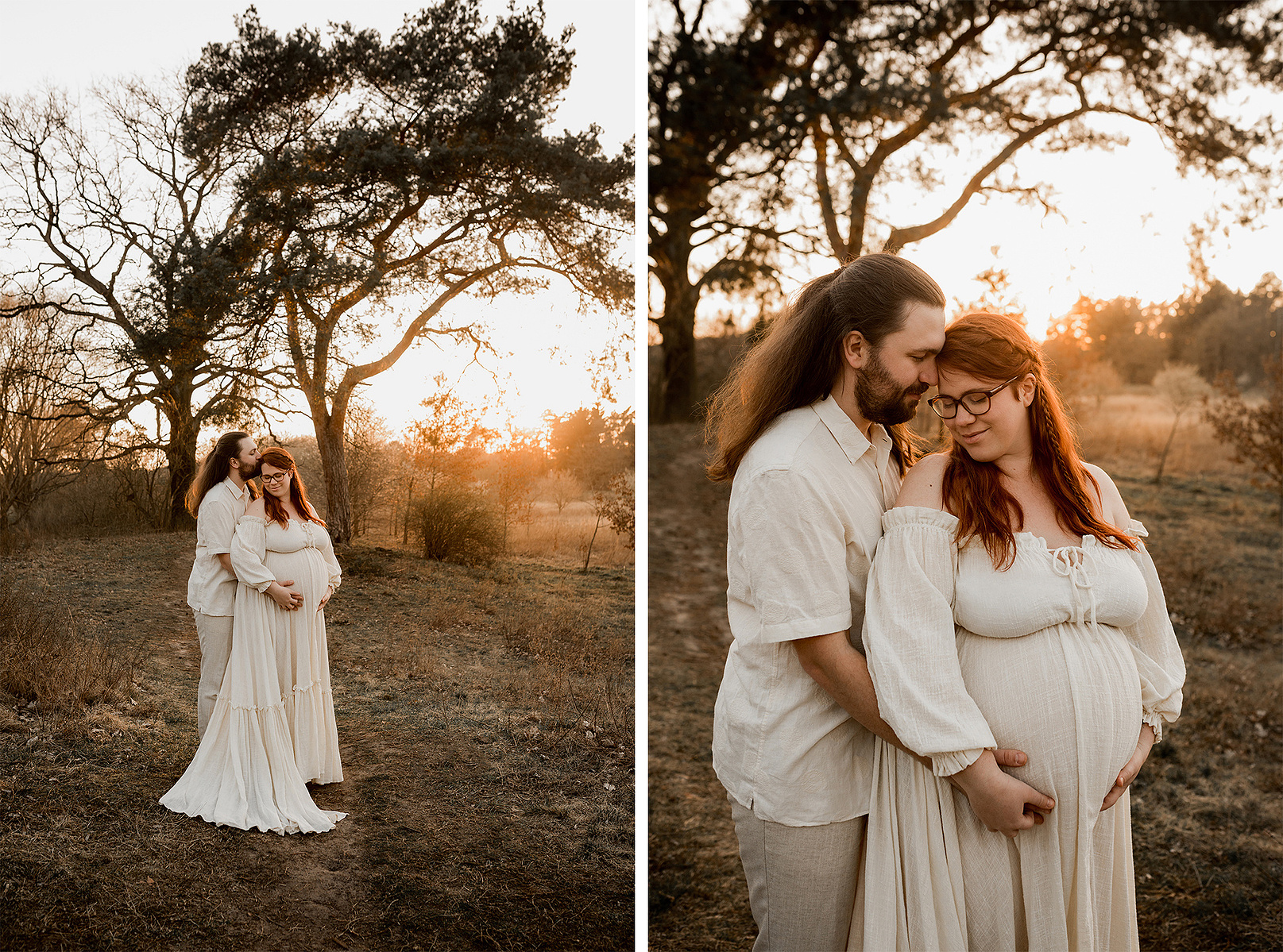 Ein Paar in cremefarbenen boho Outfits posiert beim Fotoshooting mit Babybauch für die Kamera der Familienfotografin aus Berlin. 