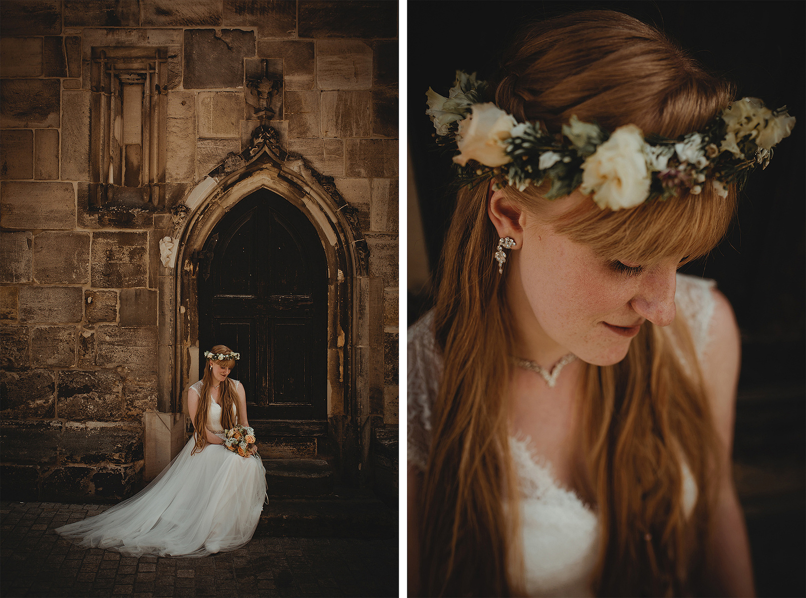 Eine Braut mit elfenhaftem Styling sitzt beim Fotoshooting auf den Stufen der Kirche in Weißenfels. 
