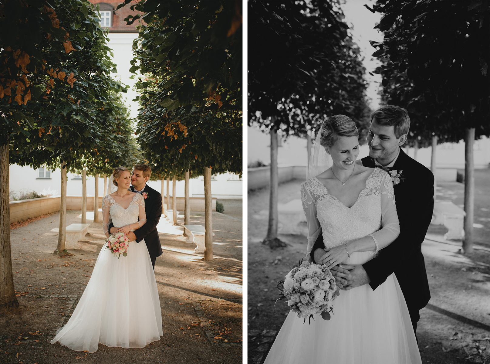 Braut und Bräutigam posieren für ihre Hochzeitsfotos im Schlosspark Köpenick.