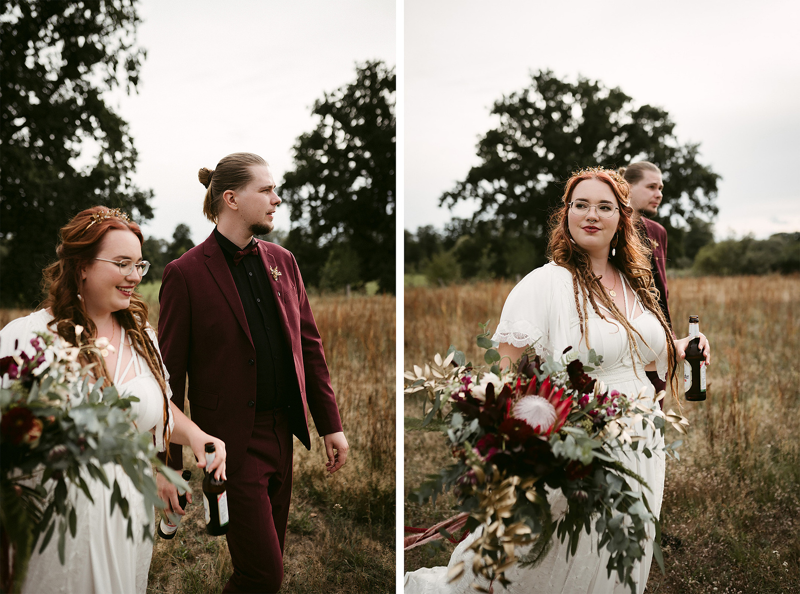 Alternative Hochzeitsfotos einer Boho Hochzeit in Brandenburg. Das Brautpaar spaziert Bier trinkend über eine Wiese.