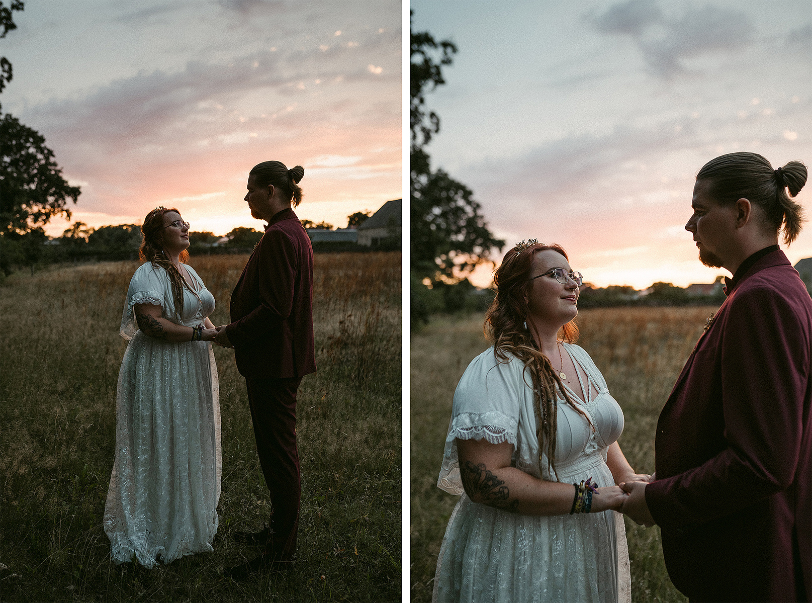 Hochzeitsfotos im Sonnenuntergang in der Alten Försterei Briescht. Braut und Bräutigam halten einander beim Sunset Shoot an den Händen.