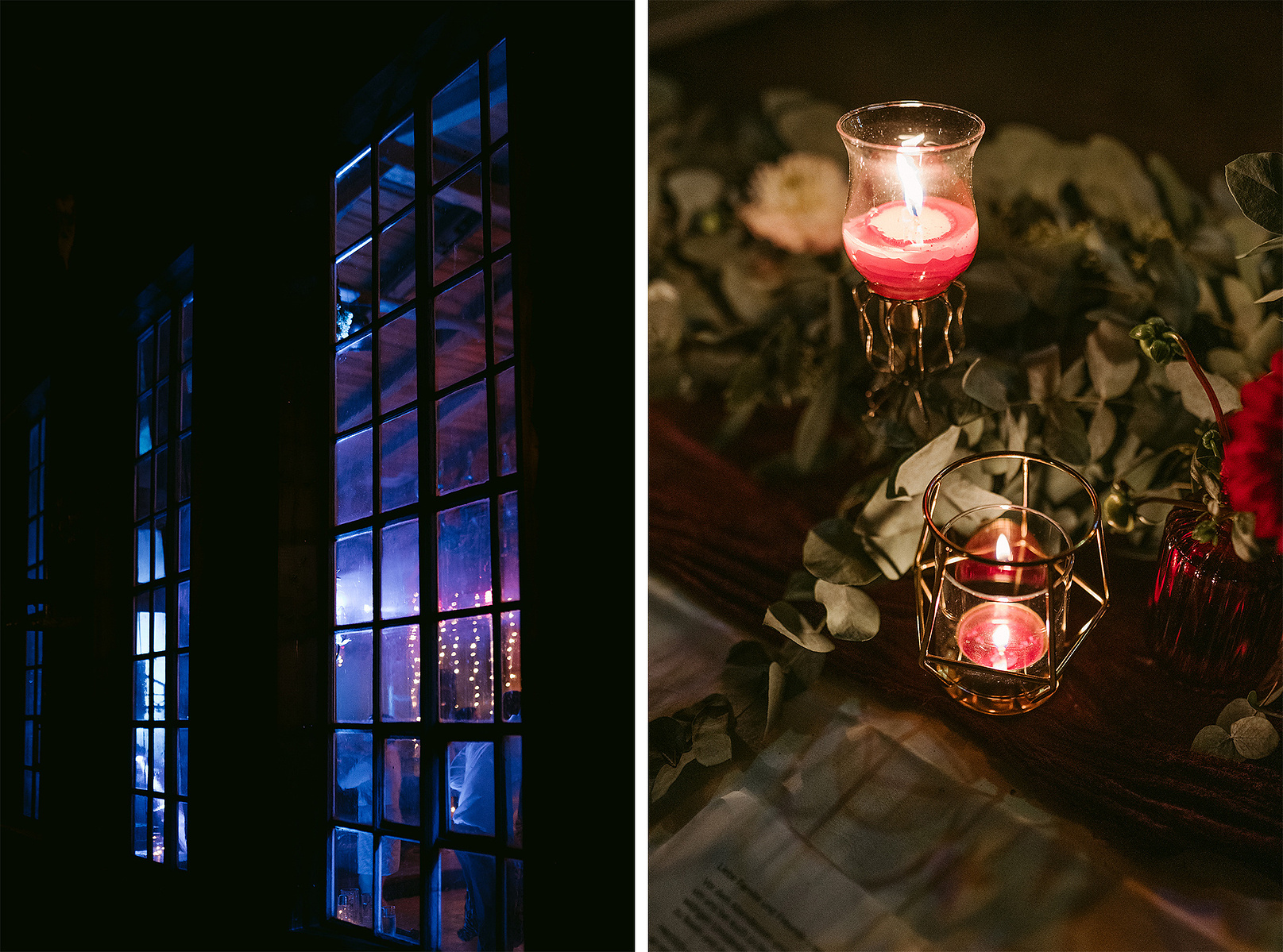 Stimmungsvolle Detailaufnahmen vom Hochzeitsabend. Die Partylichter scheinen durch die Fenster der Scheune und Kerzen erhellen die Tische.