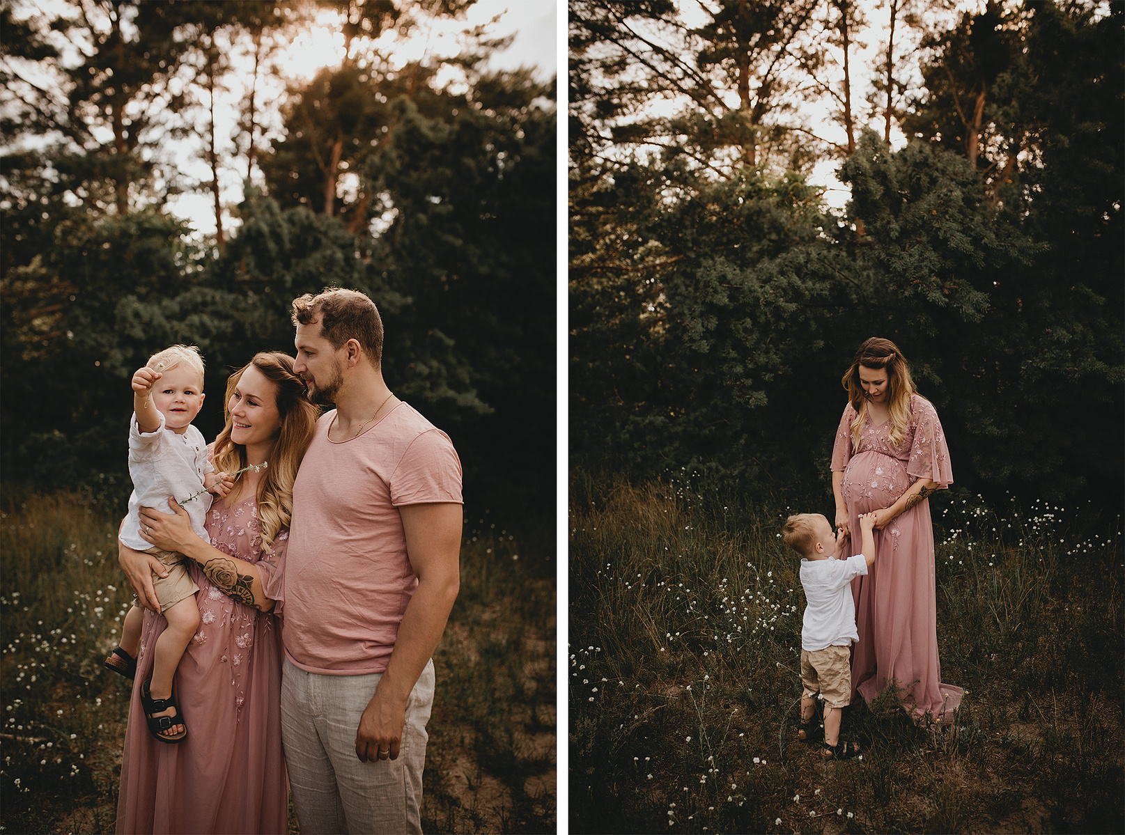 Natürliche Familienfotos mit Babybauch im Sommer auf einer Wiese in Brandenburg.