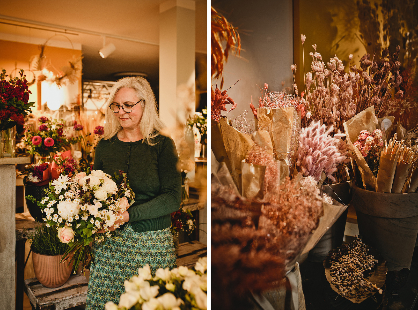 Collage aus natürlichen Businessfotos von einer Floristin, aufgenommen von einer Businessfotografin aus Berlin. 
