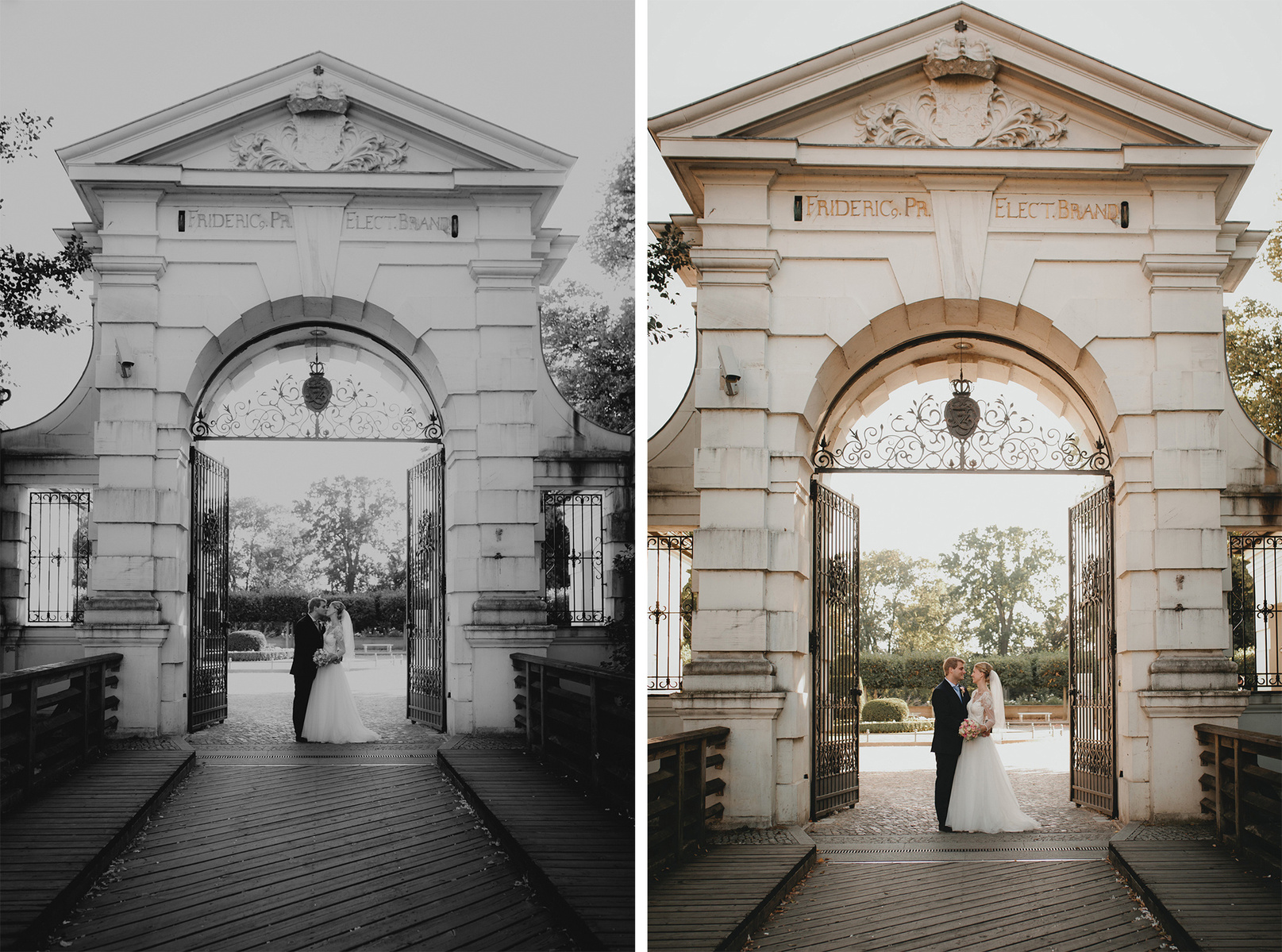 Romantische Hochzeitsfotos eines Brautpaars vor dem Eingang zum Schloss Köpenick.