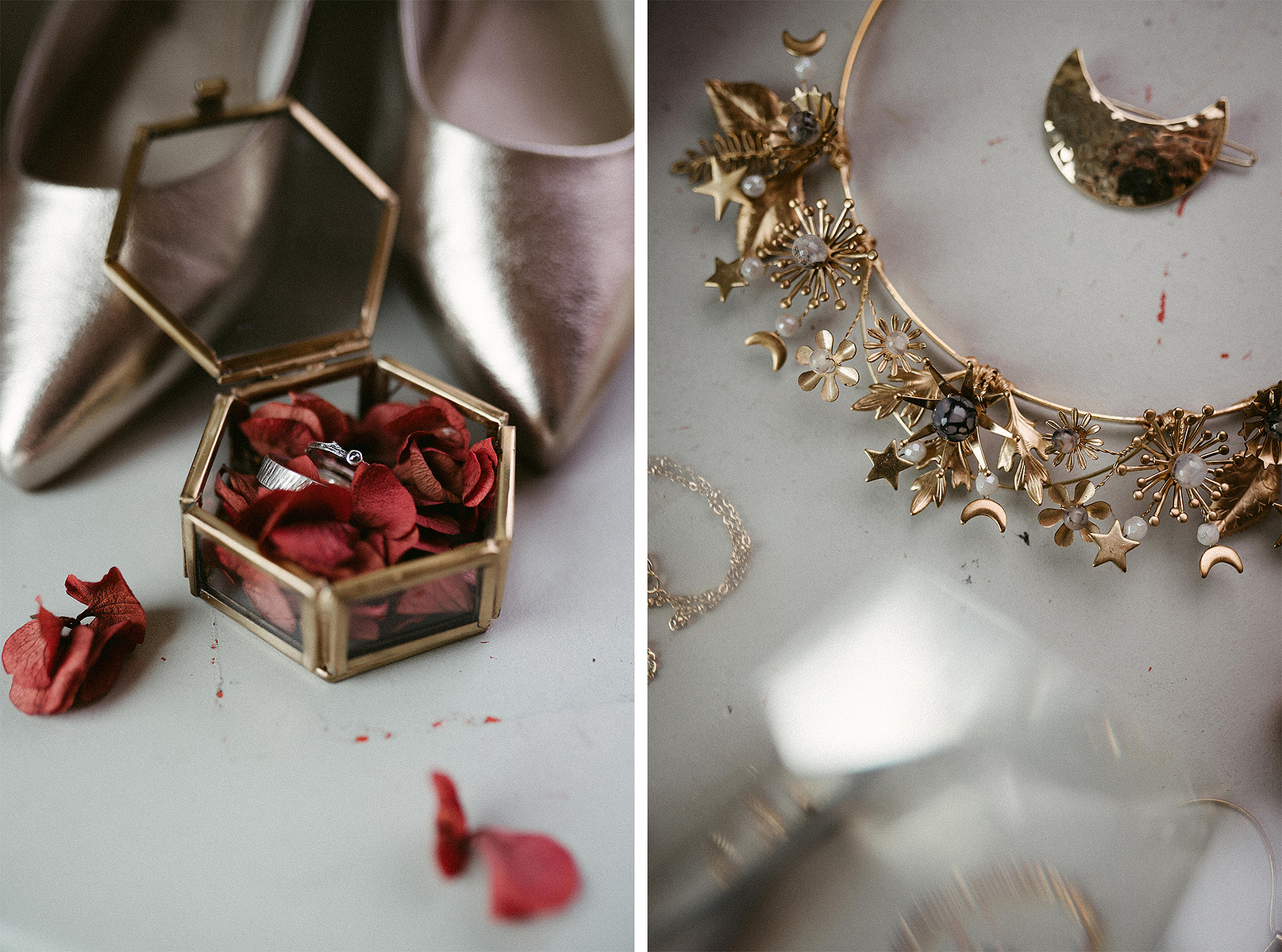 Detailaufnahmen von den Eheringen und dem goldenen Brautschmuck einer Celestial Wedding mit Monden und Sternen.