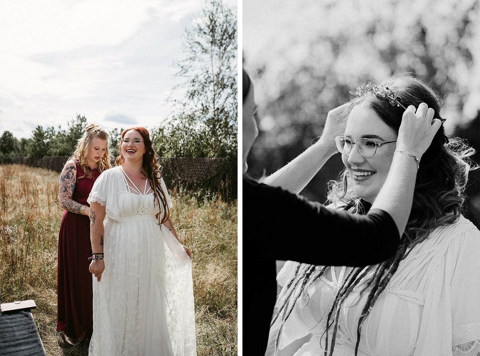 Die strahlende Braut zieht mithilfe ihrer Trauzeugin das boho Brautkleid an und ihr wird die Tiara aufgesetzt.