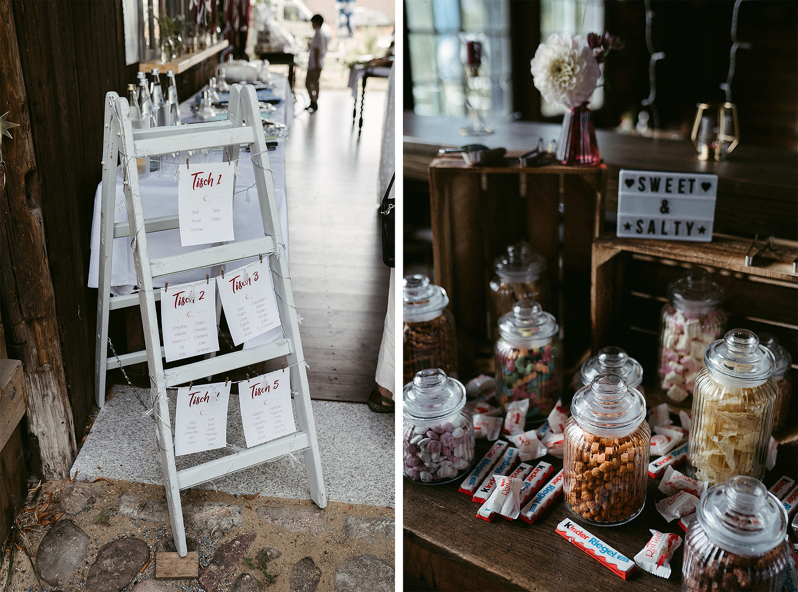 Neben dem Sitzplan der Hochzeit an einer alten Leiter ist eine große Candybar mit Sweet & Salty Schild aufgebaut. 