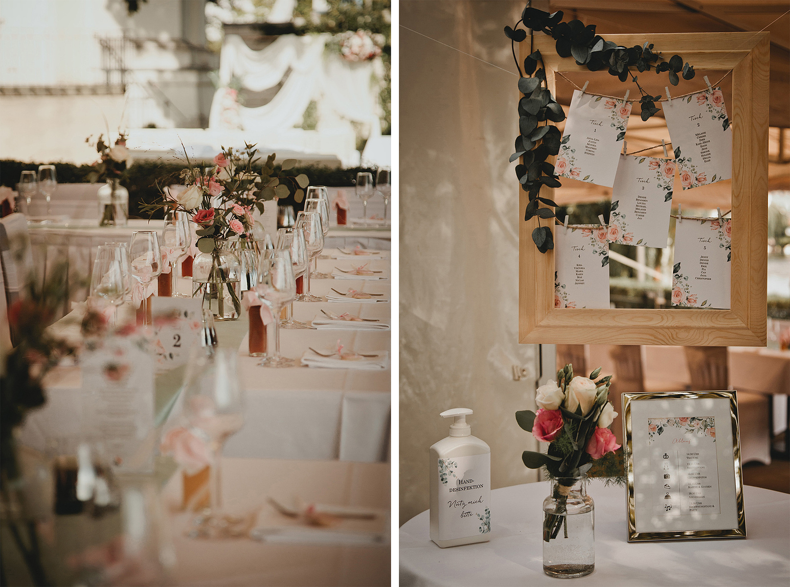 Der Sitzplan und die Tischdekoration der Vintagehochzeit in Köpenick waren in weiß und rosé gestaltet.