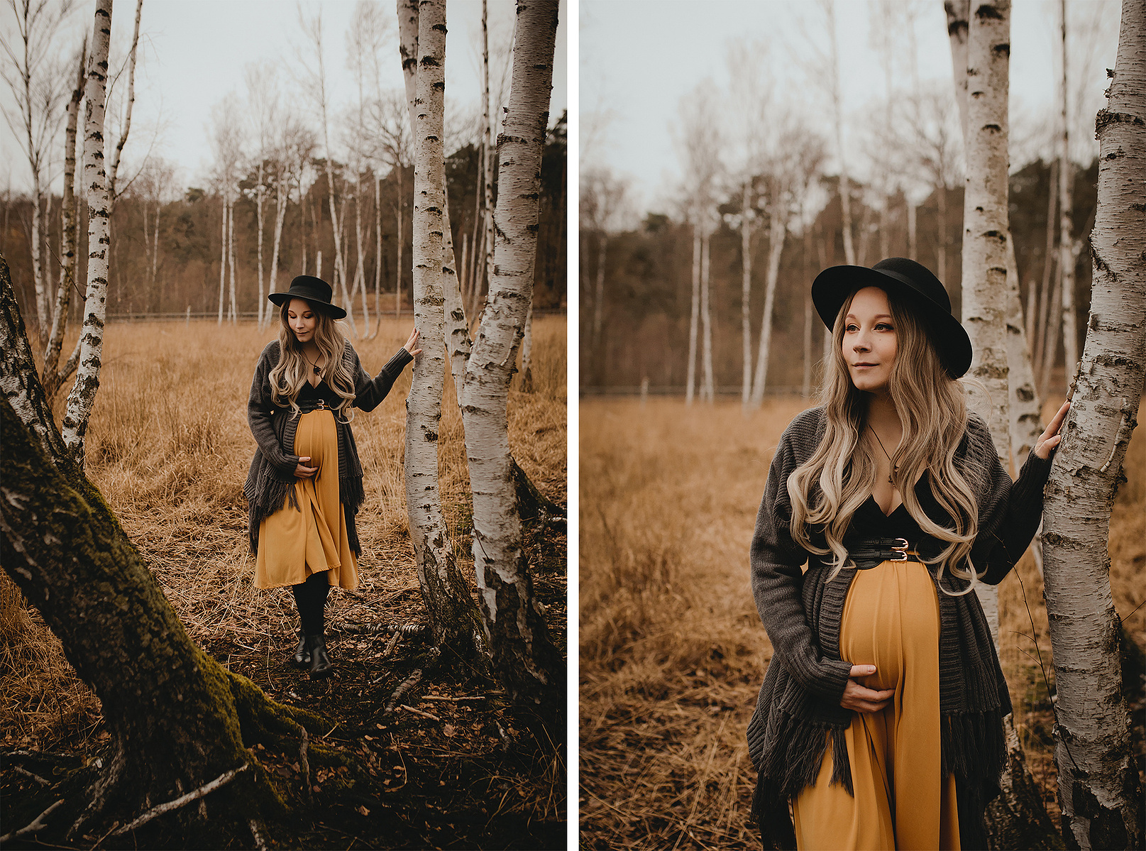Collage mit Babybauchfotos im Bohostil. Eine werdende Mutter steht beim Schwangerschaftsshooting auf einer Wiese zwischen Birken.