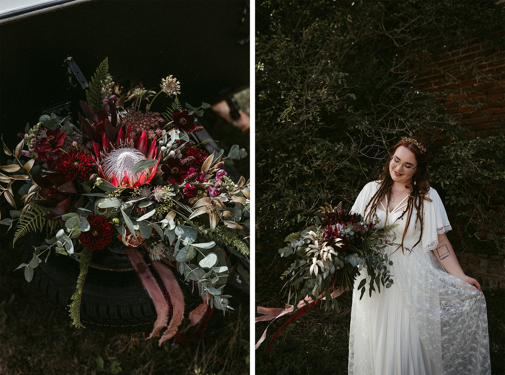 Boho Hochzeitsfotos in Brandenburg. Eine Braut im Spitzenkleid trägt einen großen Brautstrauß in weinrot und gold.