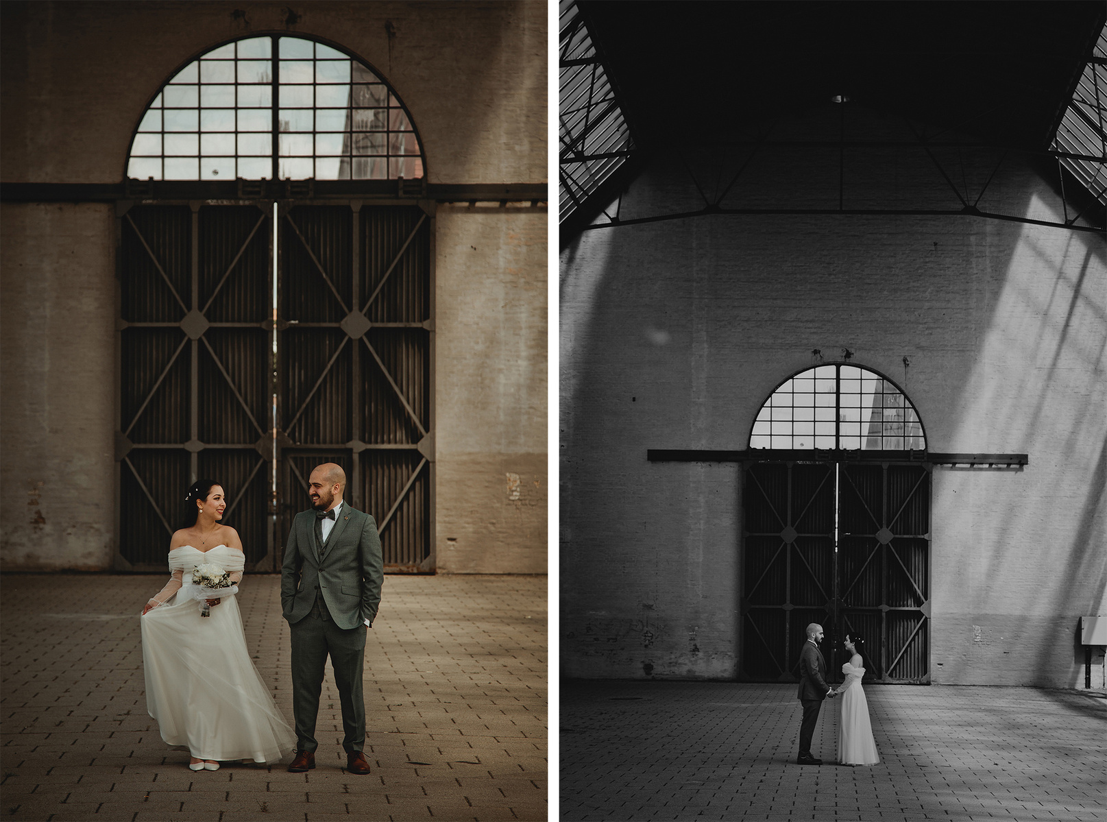 Ein Brautpaar posiert für kreative Hochzeitsfotos in einer alten Industriehalle in Berlin. 