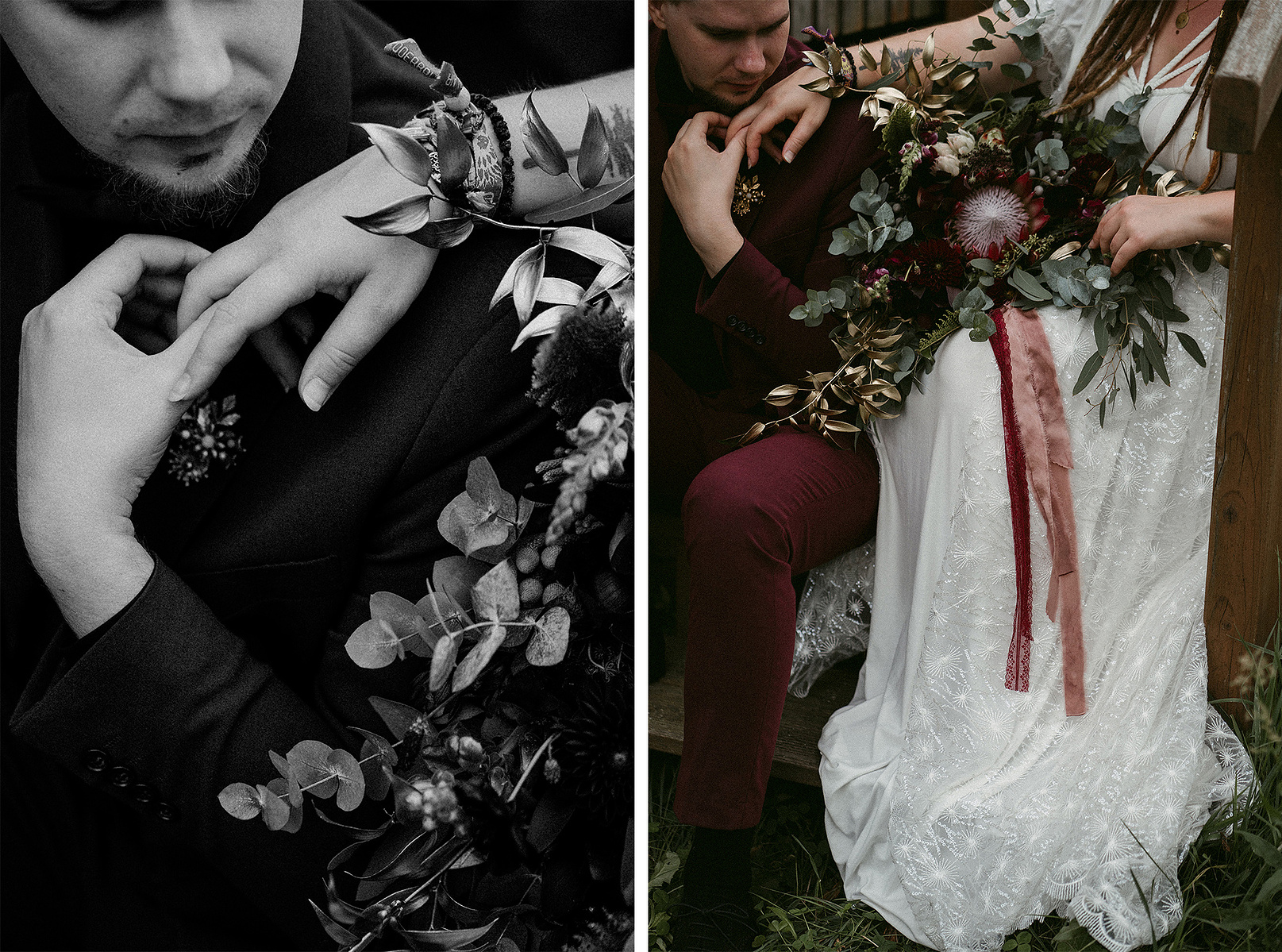 Kreative Detailaufnahmen einer Hochzeitsreportage in Brandenburg. Die Braut trägt ein Brautkleid mit Sternen und einen Brautstrauß mit goldenen Blättern.