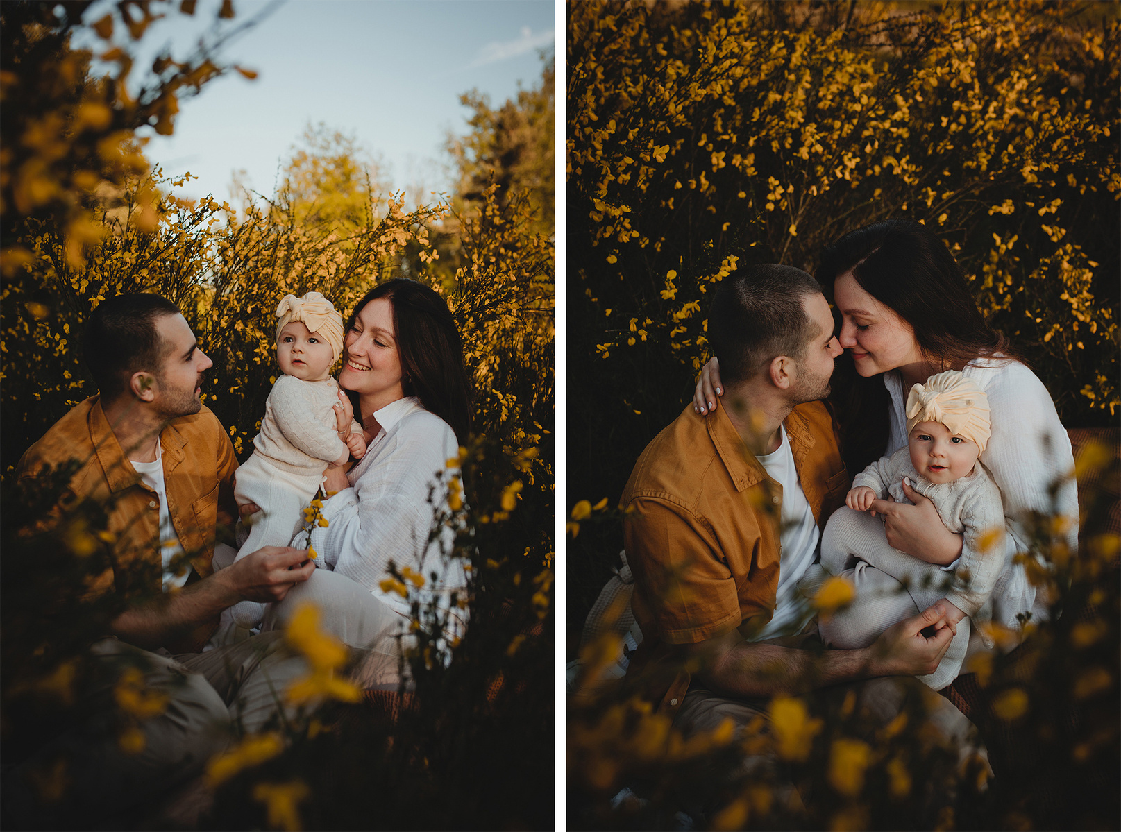 Die junge Familie genießt das entspannte Fotoshooting in der blühenden Natur in Brandenburg. 