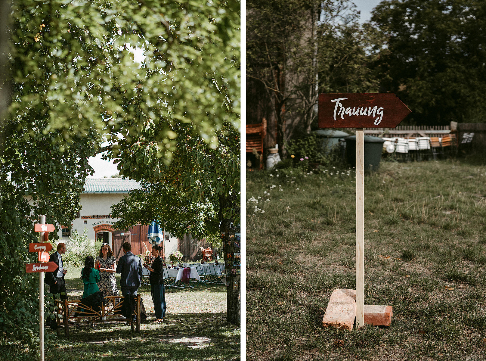 DIY Wegweiser auf einer entspannten Gartenhochzeit in der Alten Försterei Briescht.