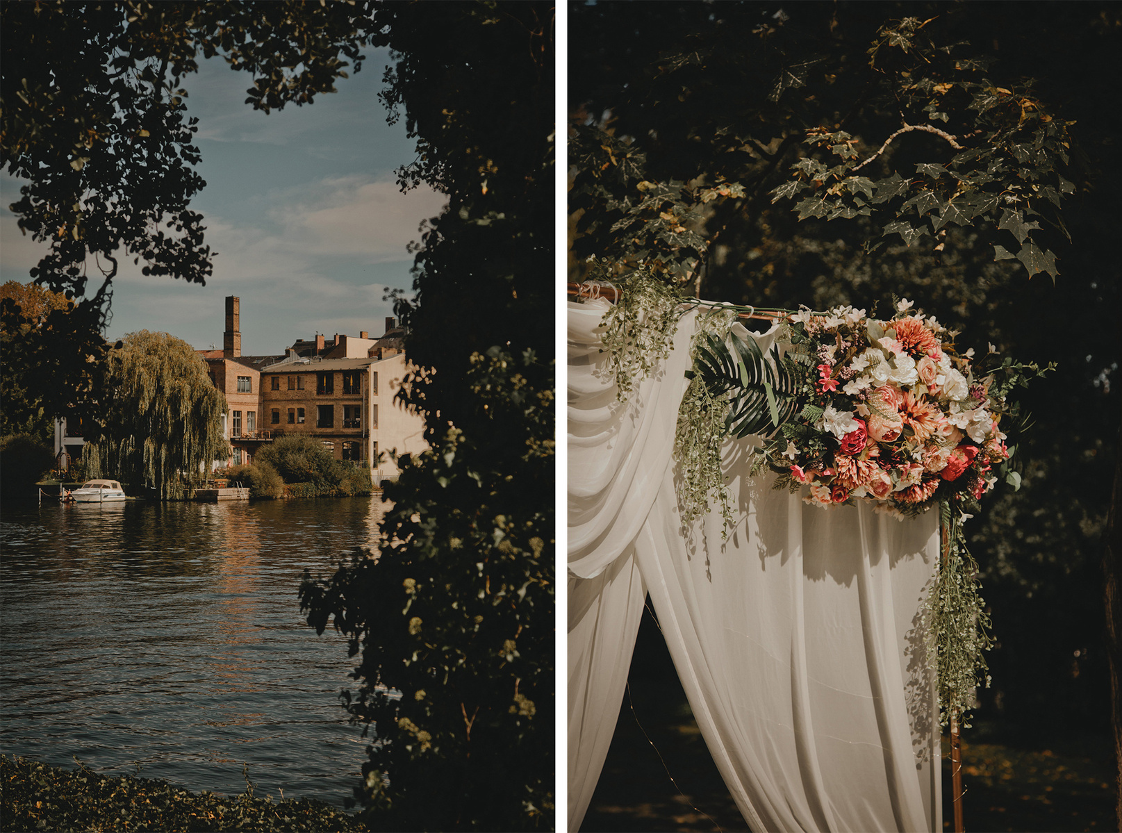 Romantisches Trausetting für eine Hochzeit am Wasser in Berlin mit einem opulent geschmückten Traubogen.