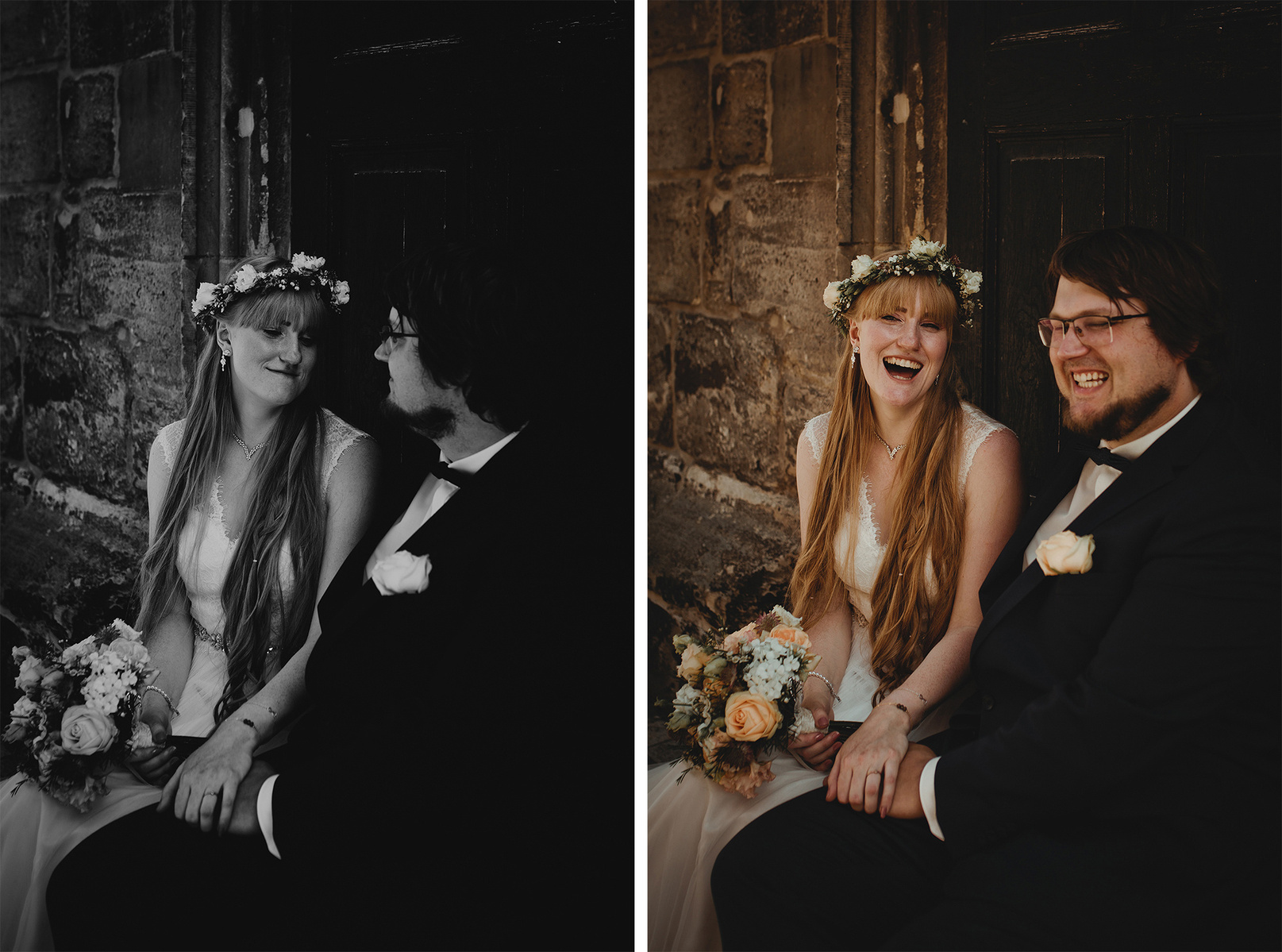 Ungestellte Hochzeitsfotos von einem lachenden Brautpaar nach der Trauung in Weißenfels.