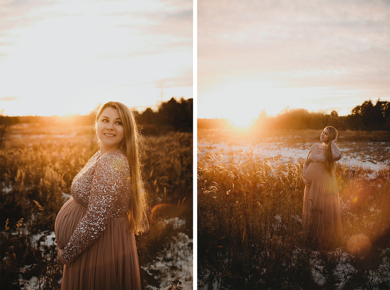Beim outdoor Fotoshooting im Winter strahlt die schwangere Eileen mit der Abendsonne um die Wette.