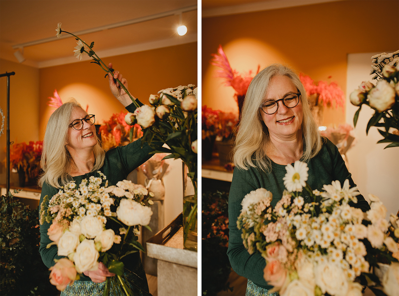 Während einer ungestellten Businessreportage in Berlin bindet die Floristin einen Blumenstrauß. 