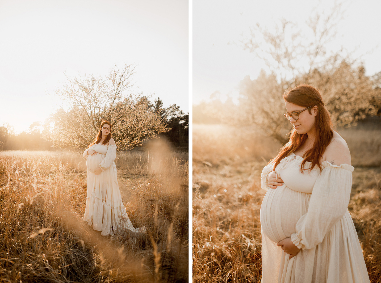 Collage von einem frühlingshaften Babybauchshooting in der Natur. Eine schwangere Frau im weißen Bohokleid steht vor einem blühenden Baum. 