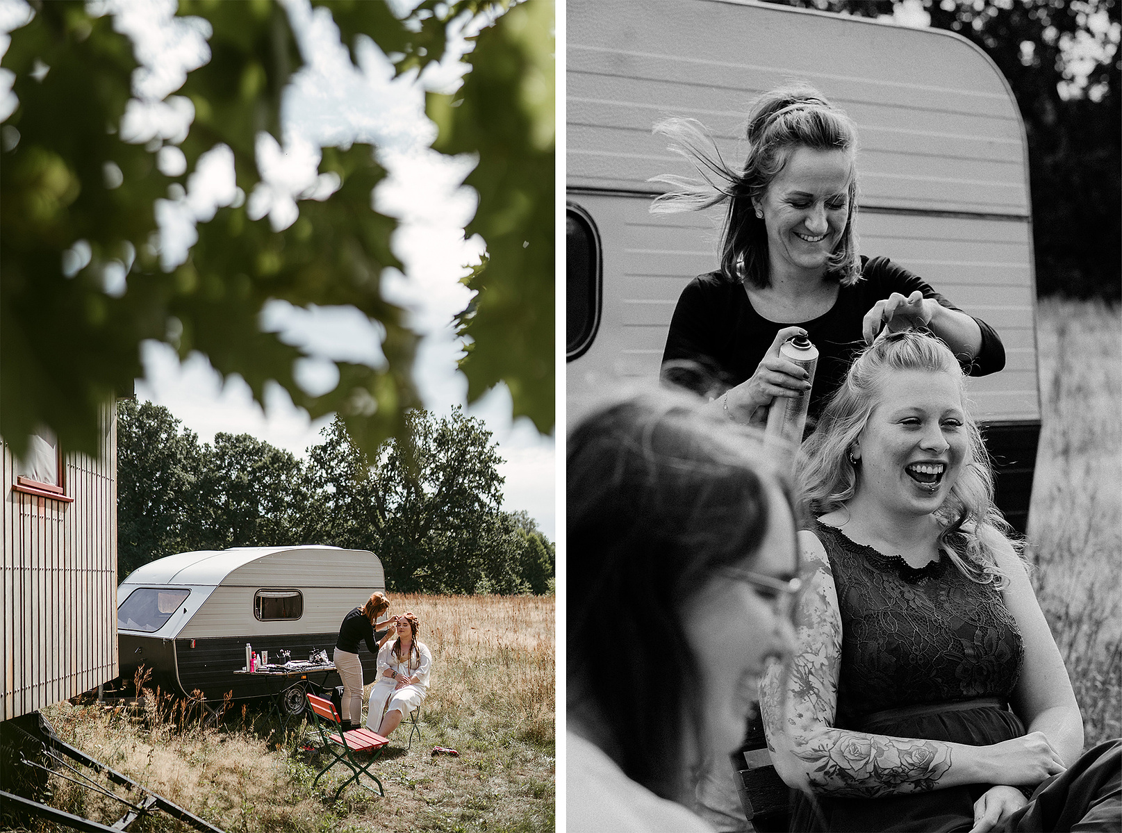 Bei einer unkonventionellen Hochzeit im Grünen werden die Braut und Trauzeugin unter freiem Himmel auf dem Campingplatz gestylt.