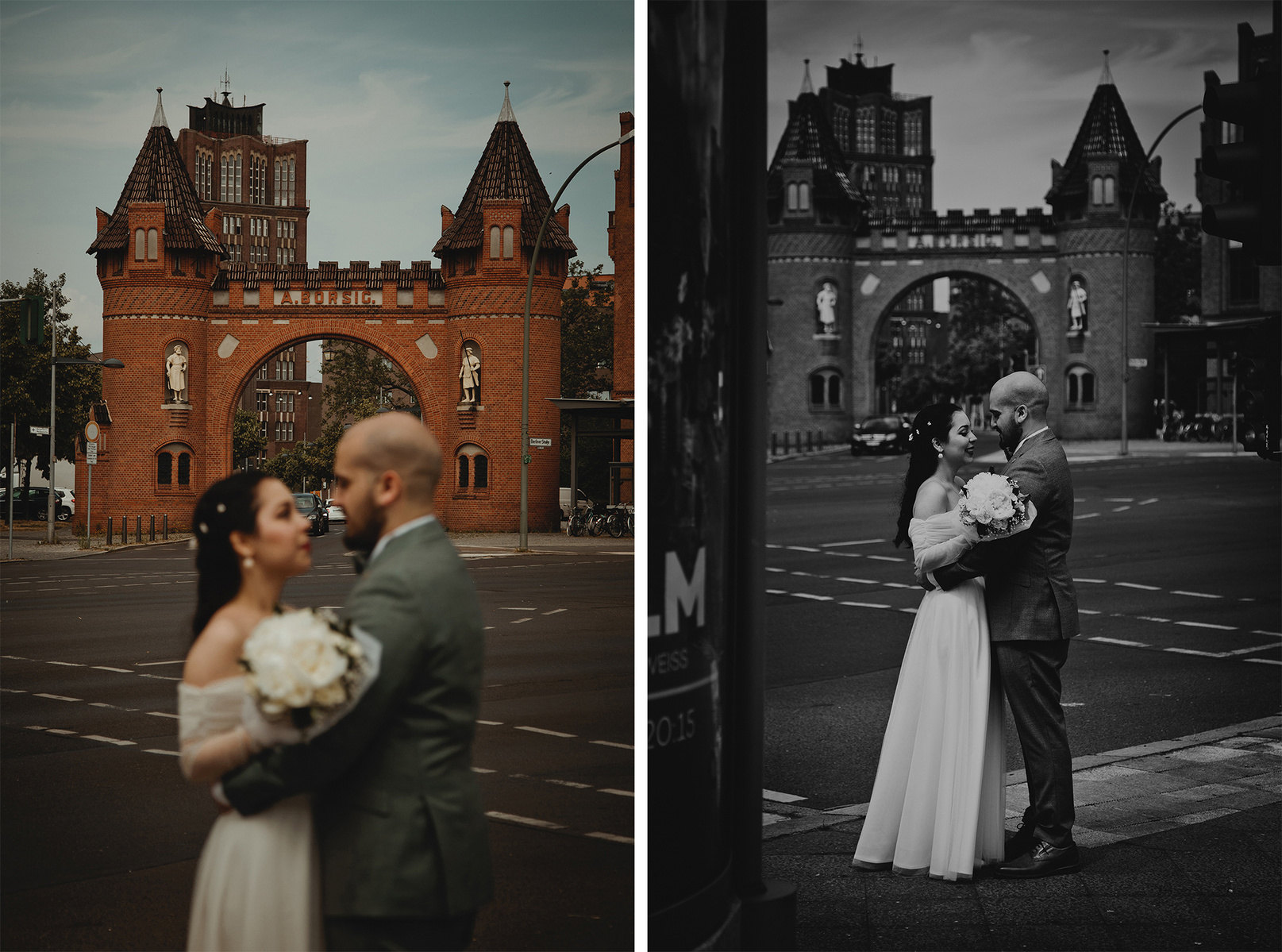 Eine Collage von zwei kreativen urbanen Hochzeitsfotos, aufgenommen von der Hochzeitsfotografin aus Berlin. 