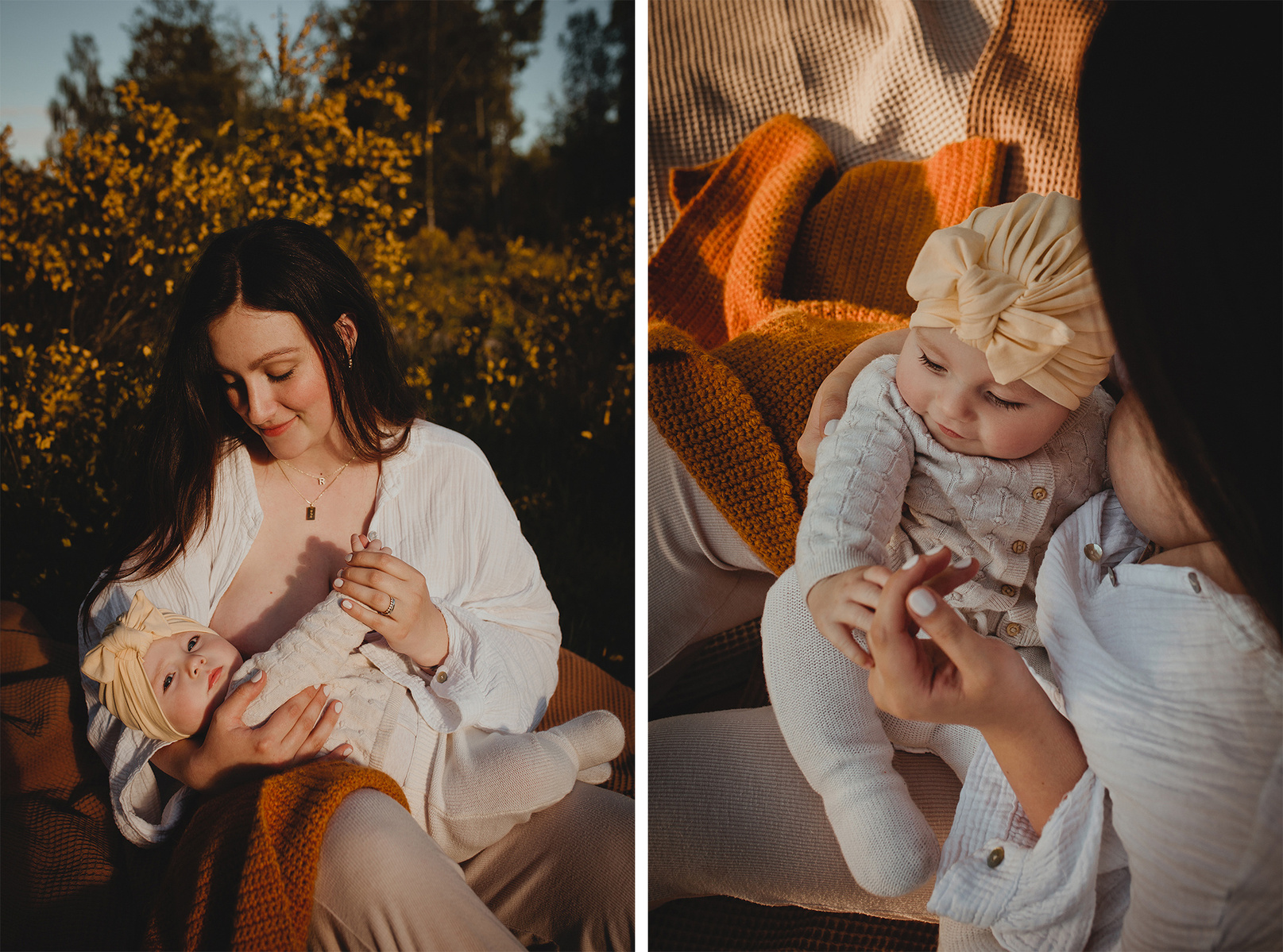 Eine Mutter gibt ihrer Tochter beim Stillshooting in der Natur die Brust. 