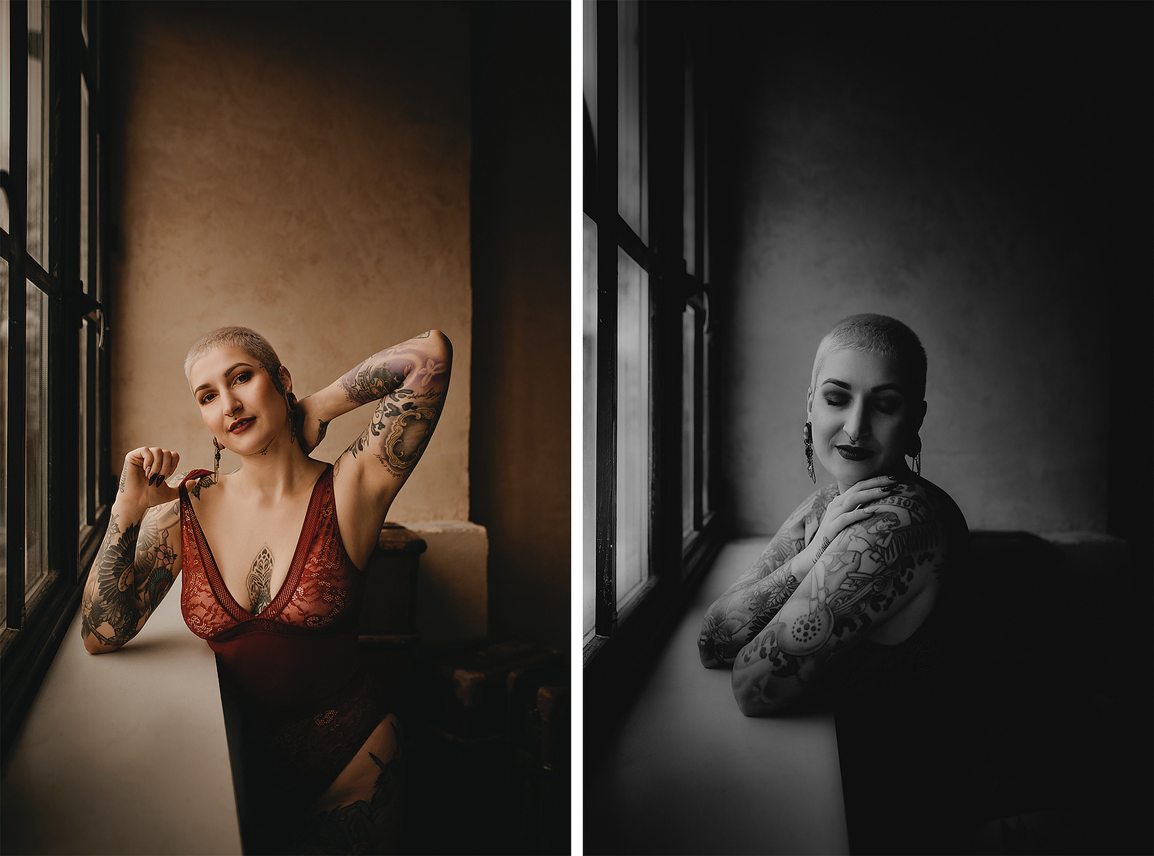 Collage von Jacky beim Boudoirshooting in Berlin. In verführerischer Pose lehnt sie am Fenster.