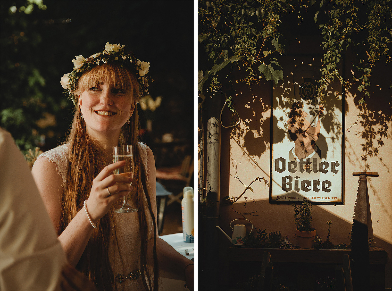 Ungestellter Moment einer Sommerhochzeit in Sachsen-Anhalt. Die Braut unterhält sich mit einem Hochzeitsgast.