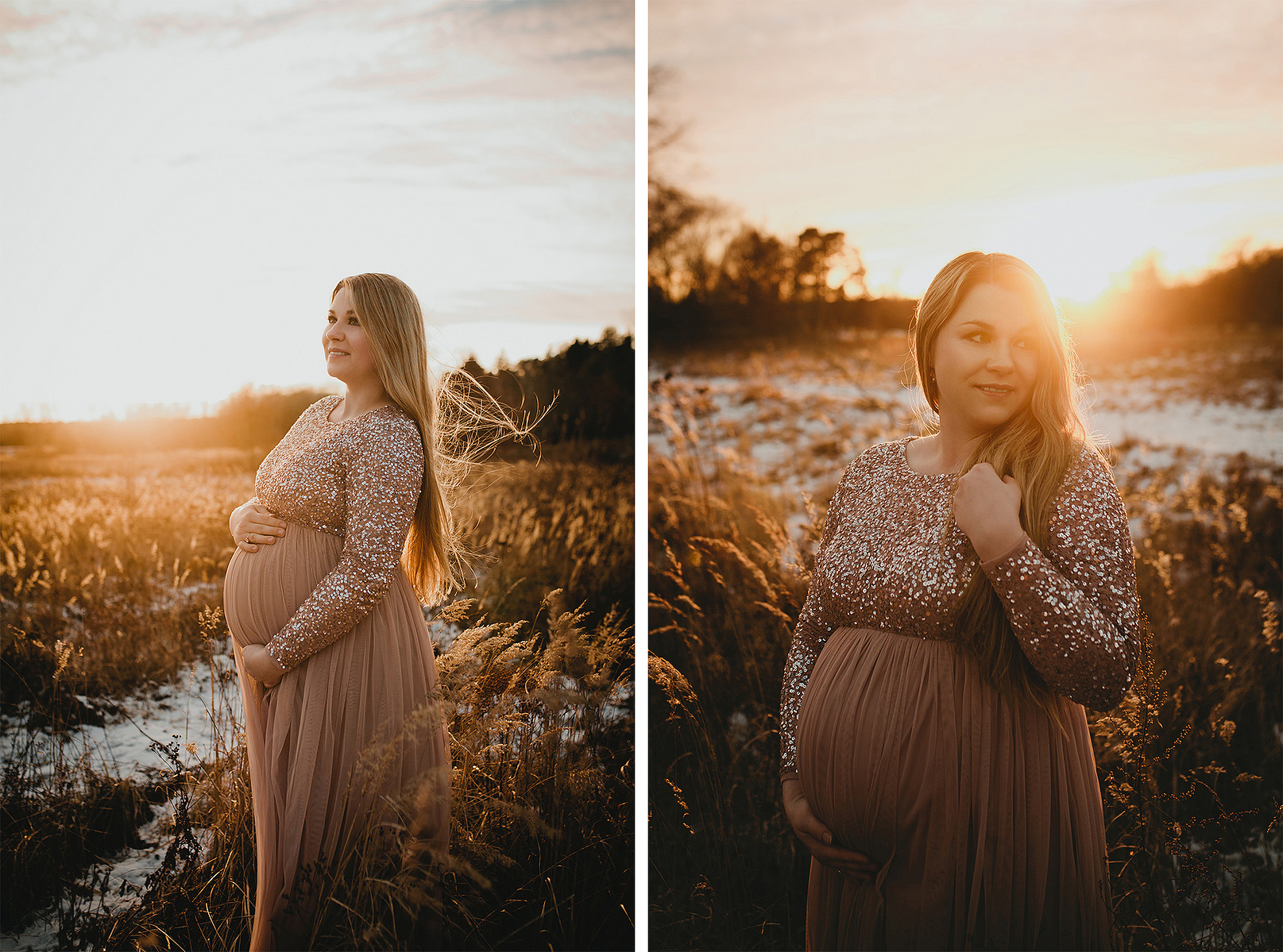 Im goldenen Abendlicht fängt die Familienfotografin aus Berlin bei einem Fotoshooting im Winter Eileens Schwangerschaftsfotos ein.