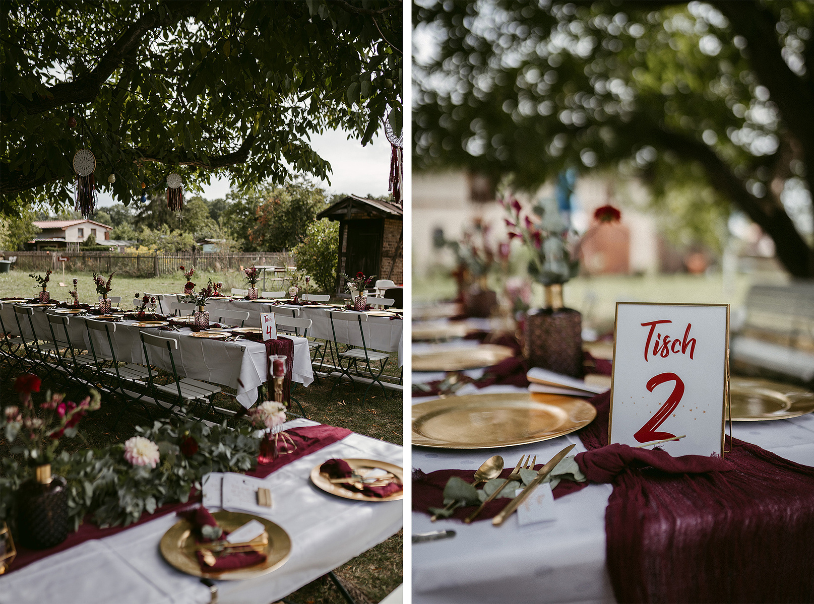 Tischdeko für eine Hochzeit in weinrot gold mit goldenen Platztellern und Tischnummern in Bilderrahmen.  