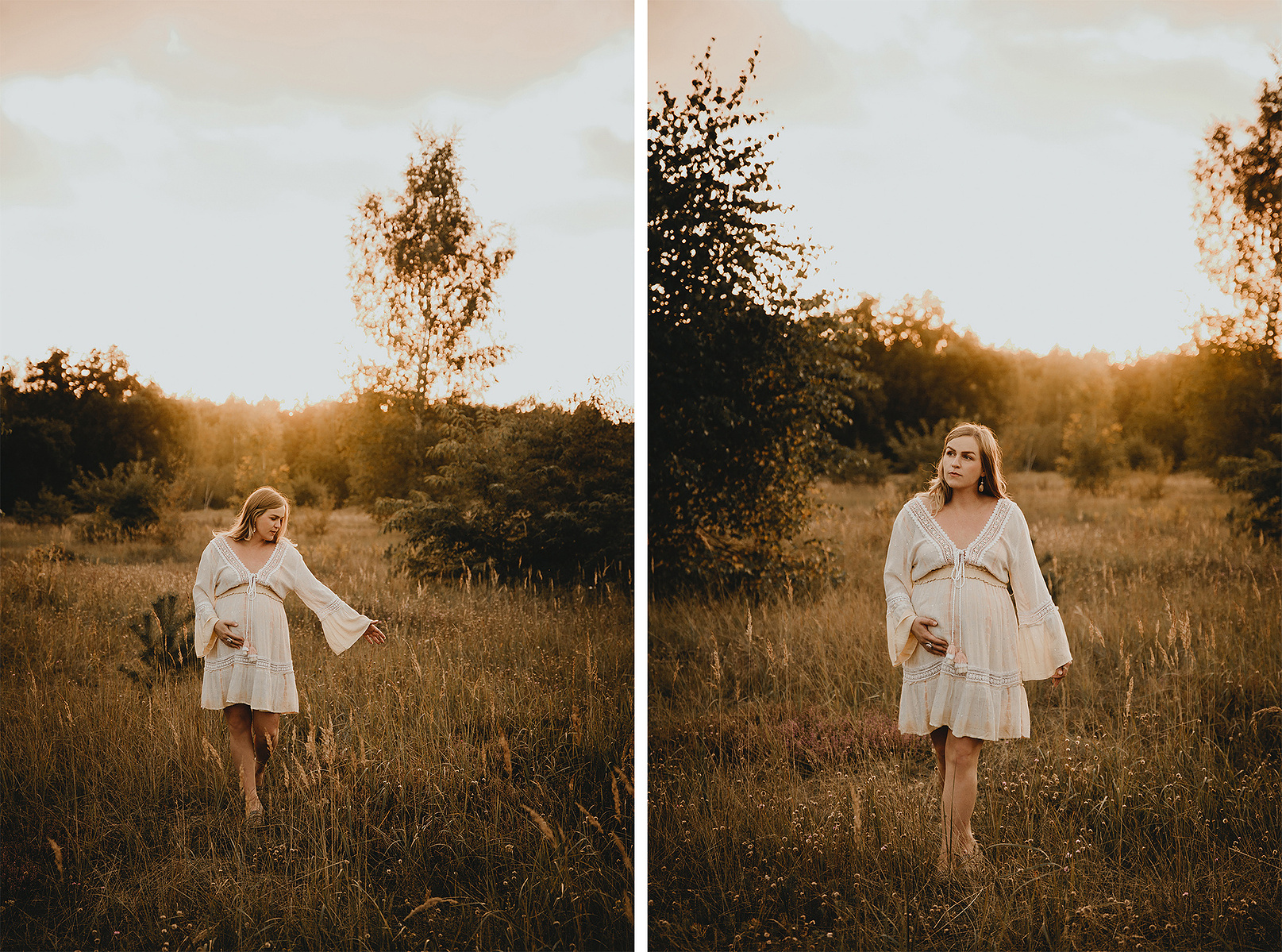 Collage von einem Schwangerschafts-Fotoshooting in Berlin. Nathalie läuft im Abendlicht durch die Natur.