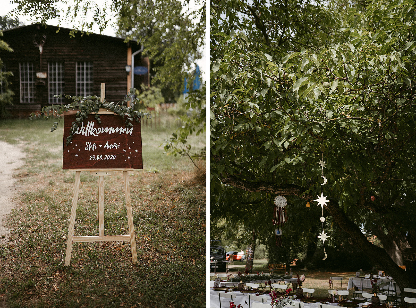 DIY Hochzeitsdeko im Bohostil mit einem handbemalten Schild und Sternengirlanden in einem Baum. 