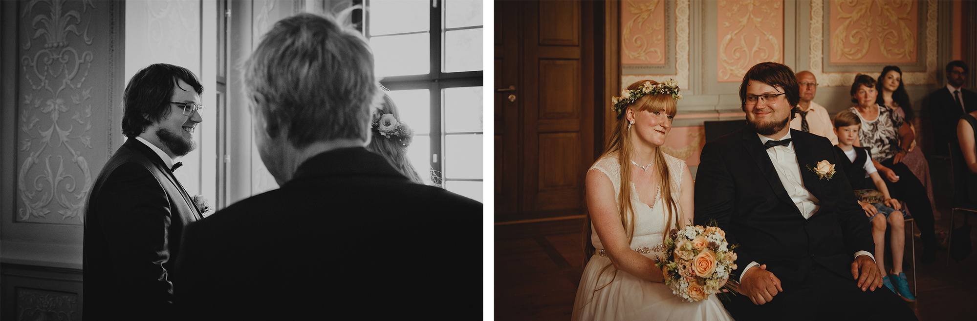 Braut und Bräutigam sehen sich beim First Look im Standesamt Weißenfels zum ersten Mal am Hochzeitstag.
