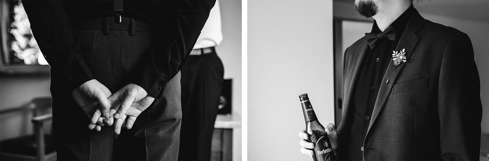 Der aufgeregte Bräutigam trinkt kurz vor der Hochzeit in Brandenburg noch ein Bier.
