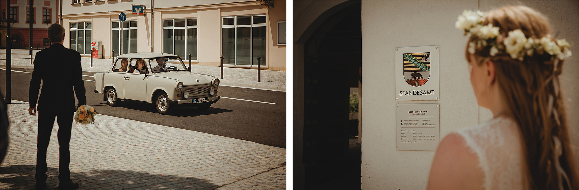 Die Braut fährt zur Hochzeit im Standesamt Weißenfels mit einem Trabant vor.
