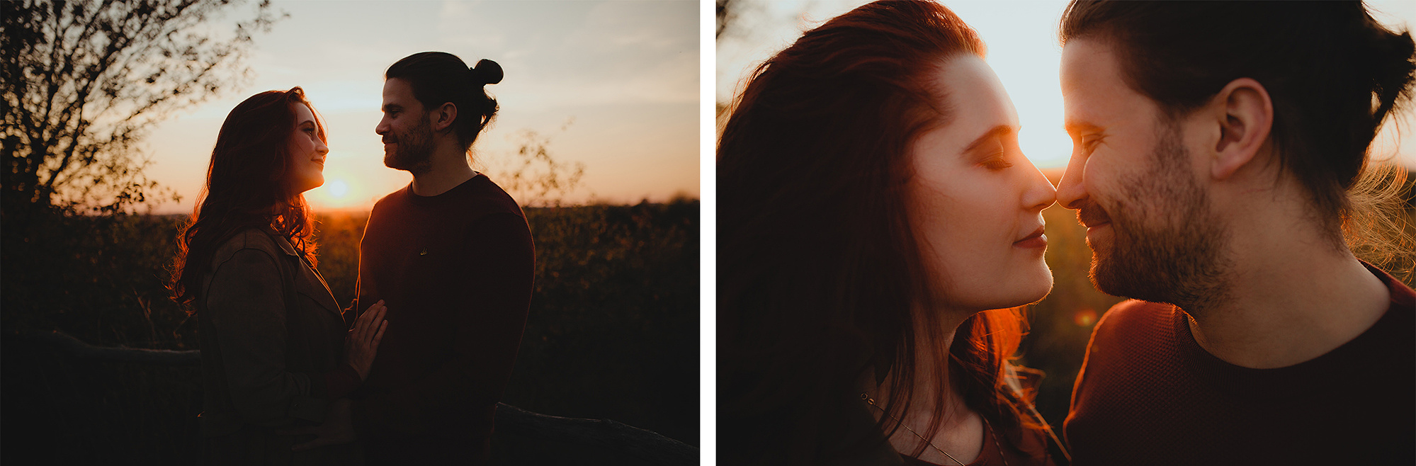 Collage aus zwei innigen Paarfotos mit Gegenlicht im Sonnenuntergang auf einem Hügel in Berlin.