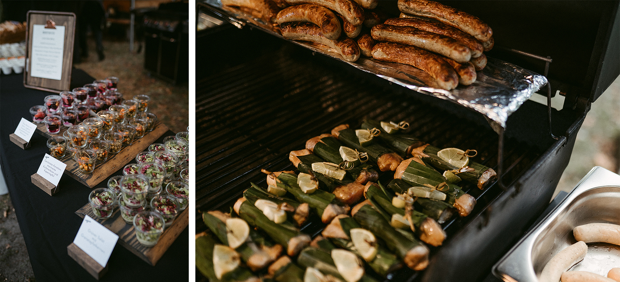 Detailaufnahmen des Grillbuffets zur Hochzeit, mit verschiedenen Salaten, Bratwürsten und gegrilltem Fisch.