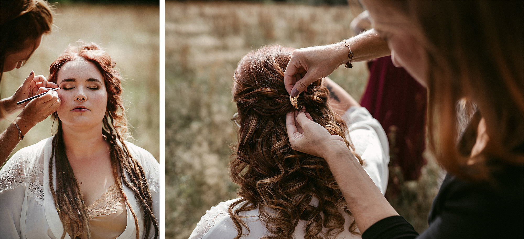Die Braut bekommt ein Brautstyling mit goldenem Augen Make-Up und einer offenen Hochzeitsfrisur mit Locken.