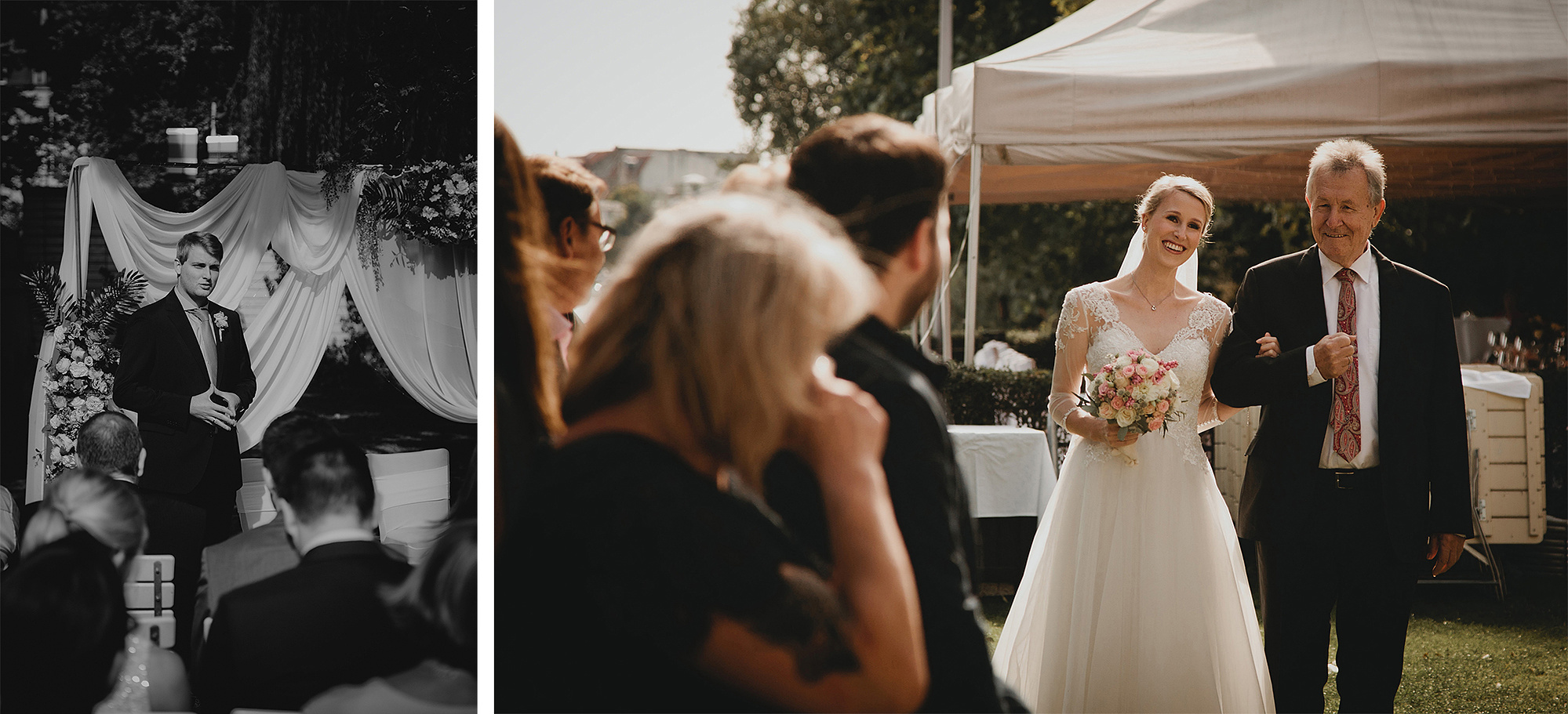 Der First Look zwischen Braut und Bräutigam bei einer Hochzeit auf der Schlossinsel Köpenick, einfangen von einer Hochzeitsfotografin aus Berlin.