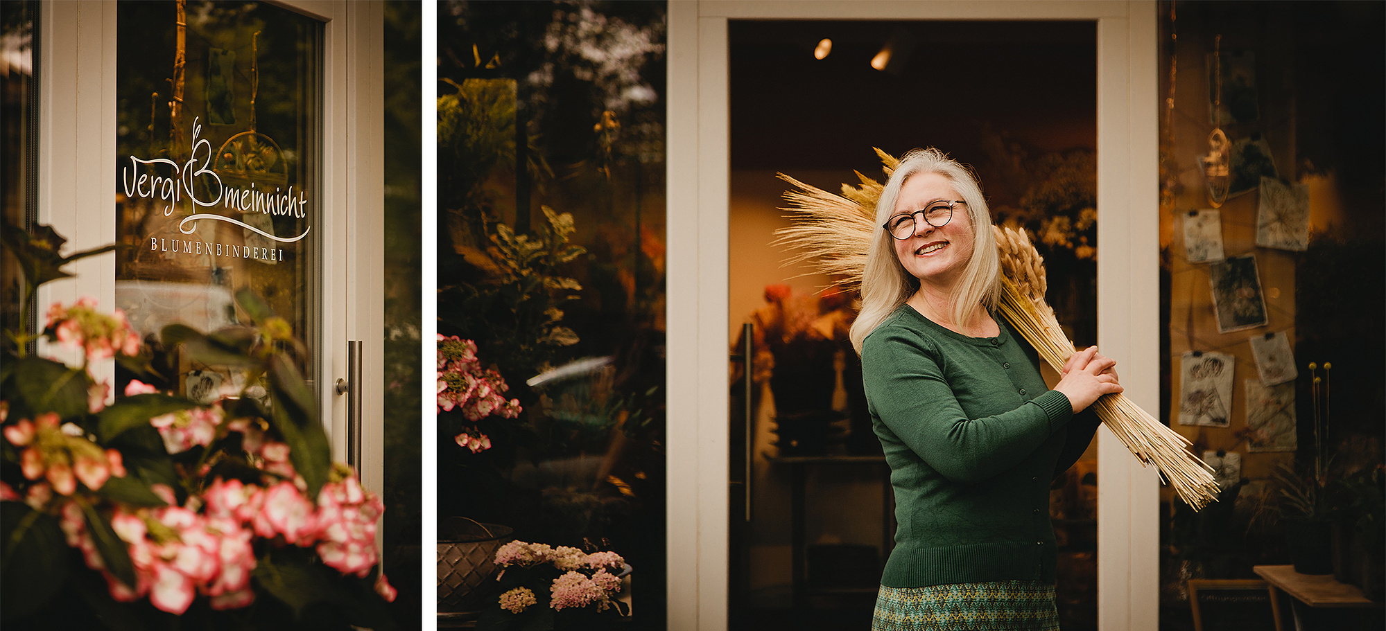 Die Inhaberin eines Blumenladens steht beim Business Fotoshooting in Berlin  mit Blumen in der Hand vor ihrem Geschäft.