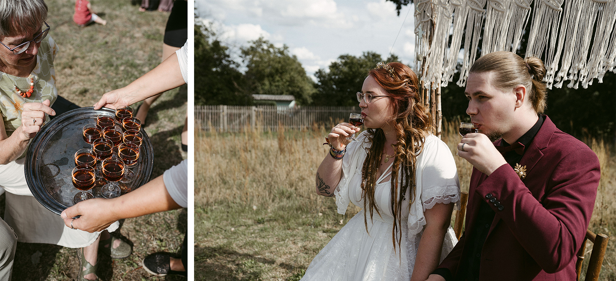 Als unkonventionelles Trauritual trinkt das Brautpaar bei der Hochzeit in Brandenburg einen Schnaps mit den Hochzeitsgästen.