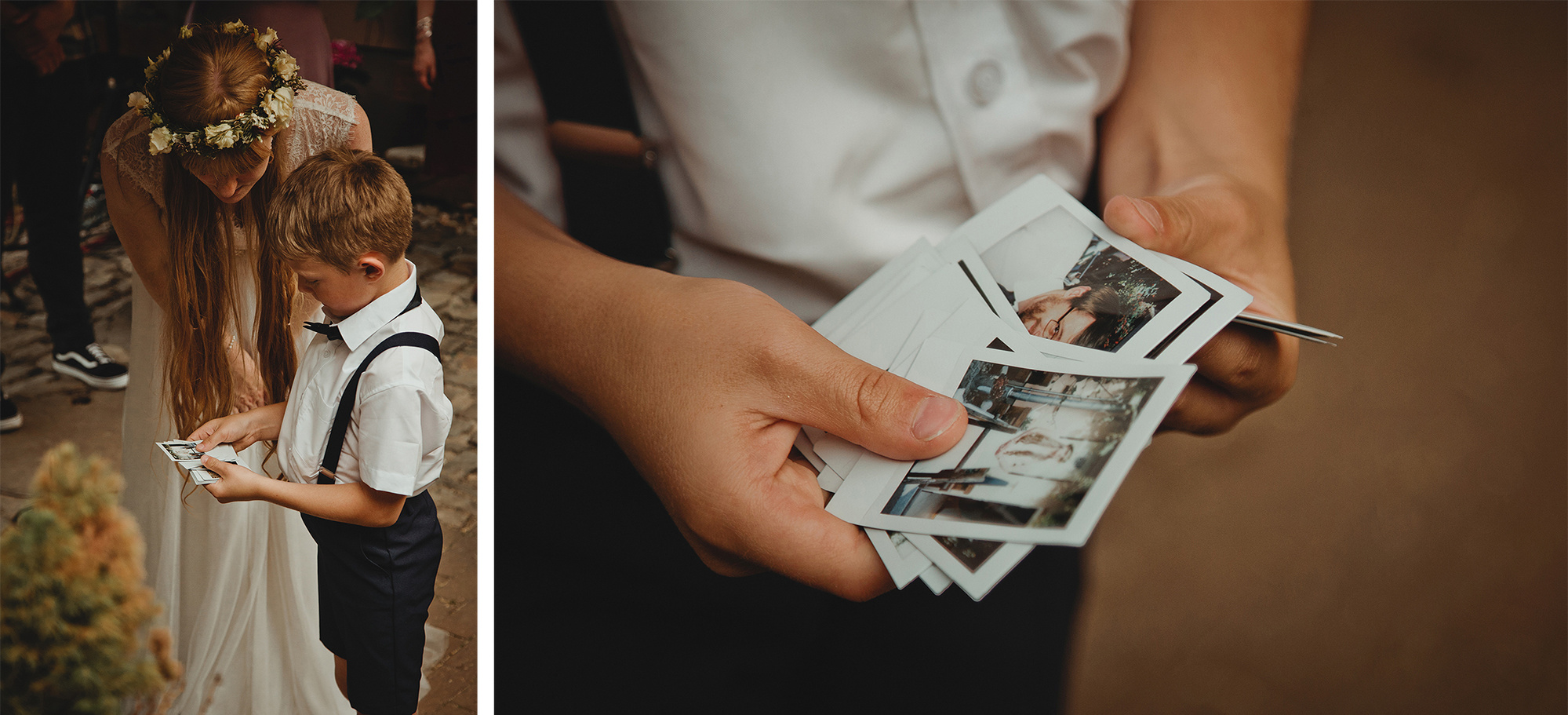 Ein Kind zeigt der Braut Polaroids von der Hochzeitsfeier in Weißenfels.
