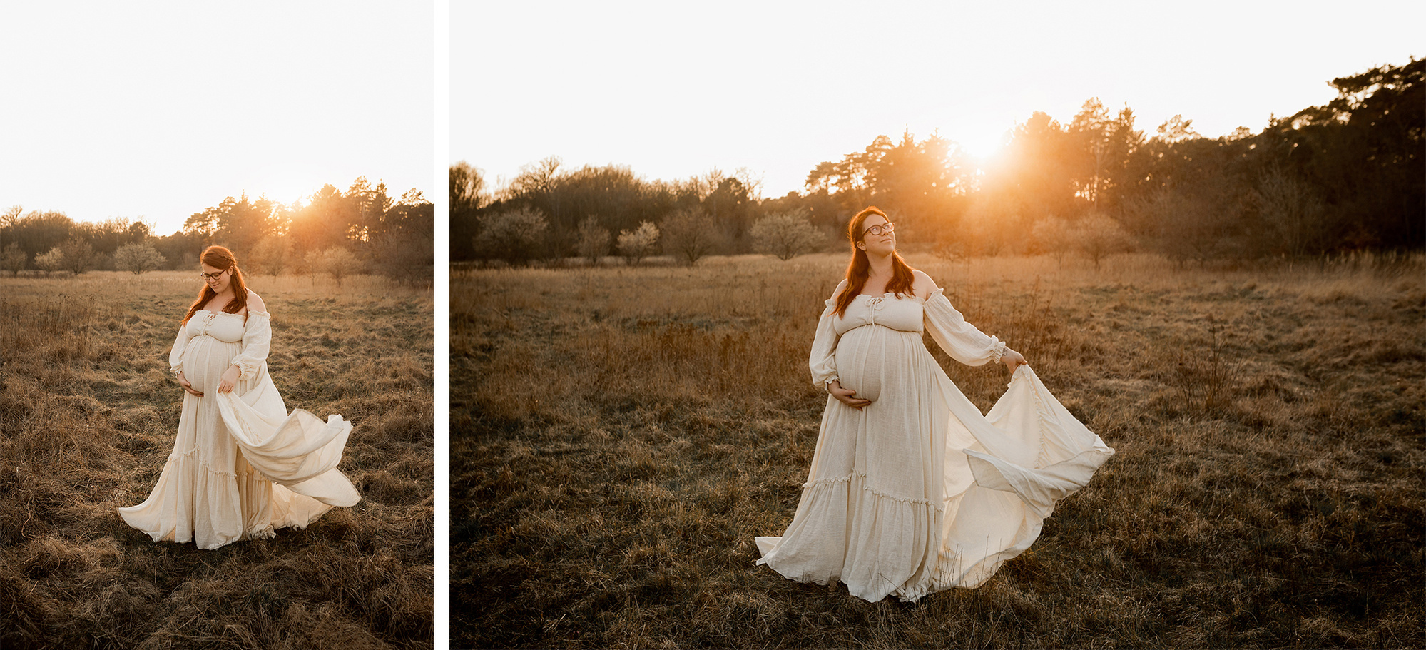 Eine schwangere Frau steht für Babybauchfotos in Berlin im Sonnenuntergang auf einem Feld und schwingt ihr weites boho Kleid. 