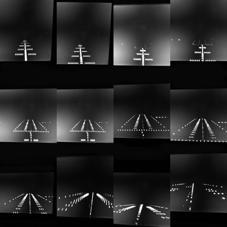 Title : Night landing
Full landing sequence, multiple shots of the passenger seat screen displaying the aircraft's camera video.