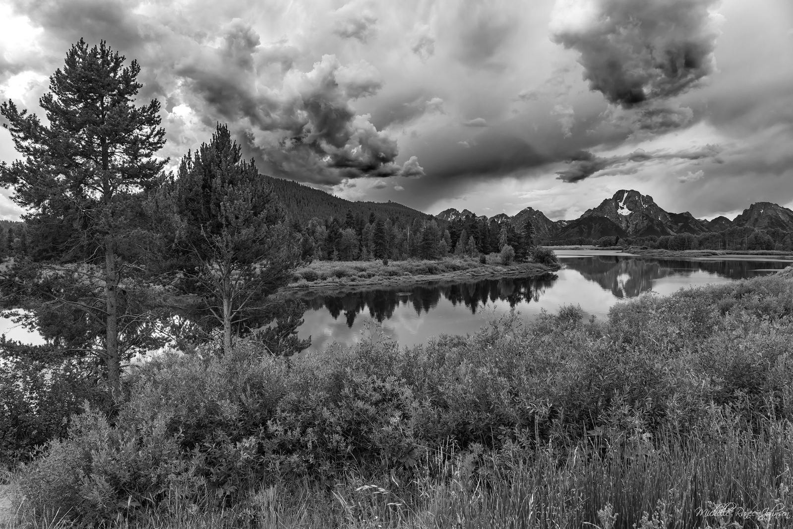 Black and White fine art photo of Mt. Moran reflecting on the waters of Oxbow Bend, Grand Teton National Park, WY. 