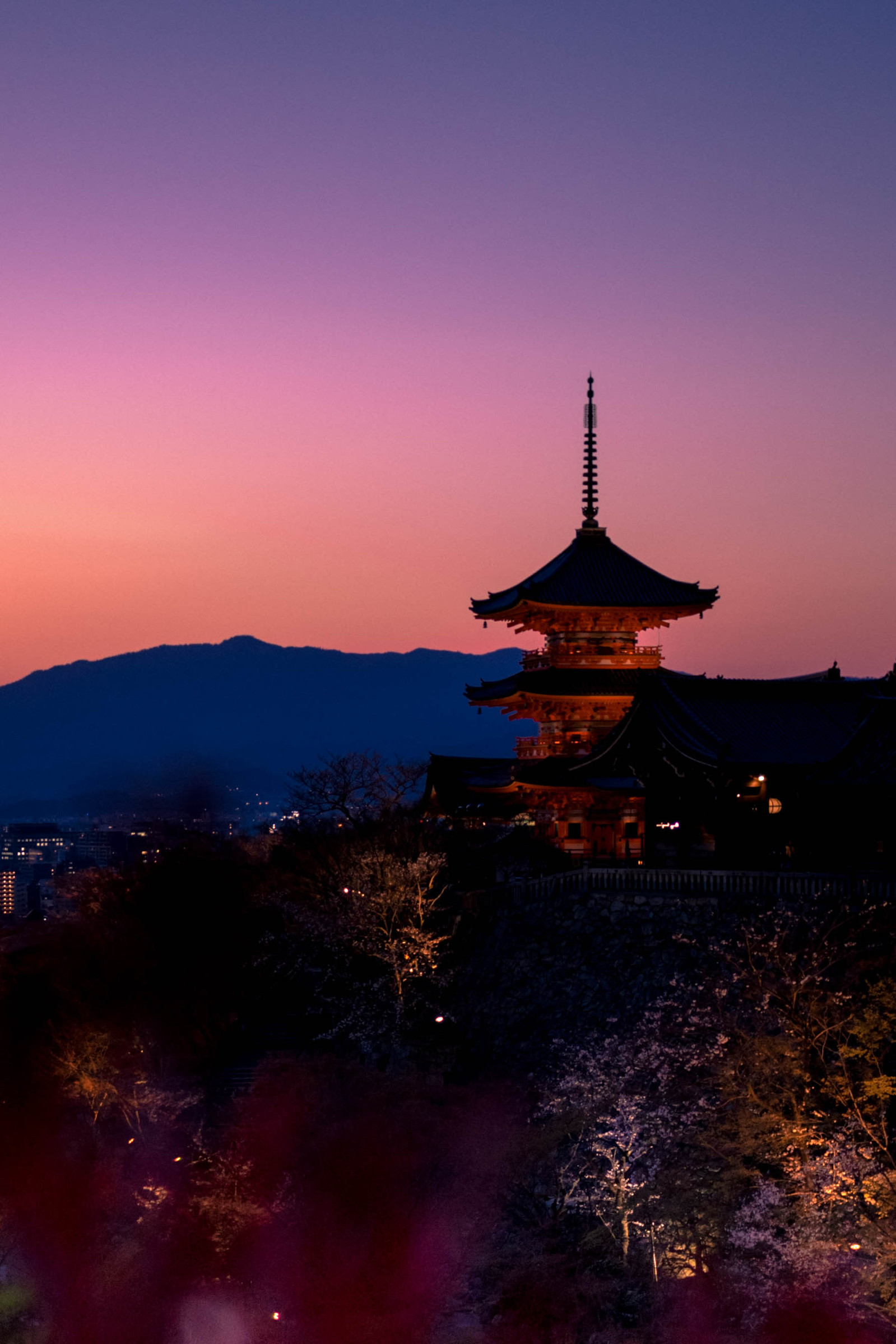 View from Kiyomizu Temple in Kyoto at blue hour.