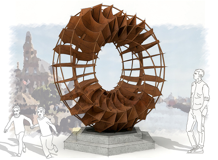 Artist impression/visual of a large spiral sculpture made from corten steel. 