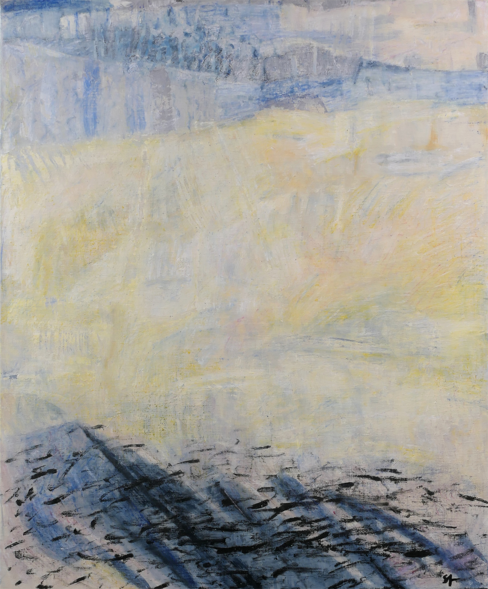 Photo of Su Ai's oil painting entitled "Morning". This is an abstract composition in yellow, white, blue and black colors. Strongly layered brings feeling of morning's bright light and freshness.